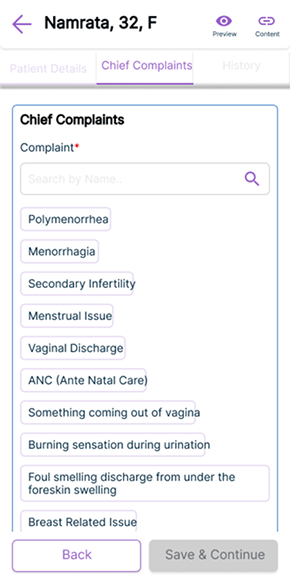 Chief Complaints screen